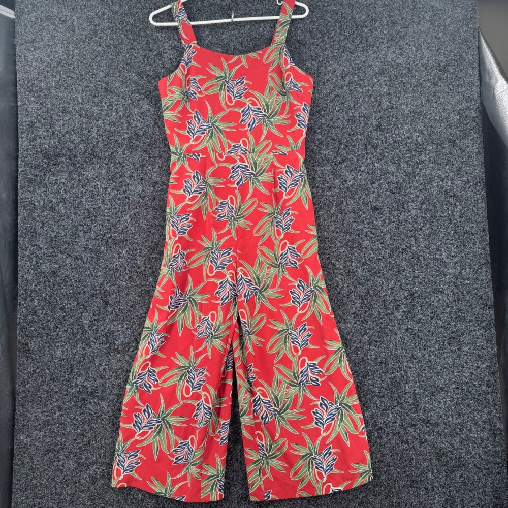 Moon River Red Tropical Floral Wide Leg Jumpsuit Smocked Back Size Medium